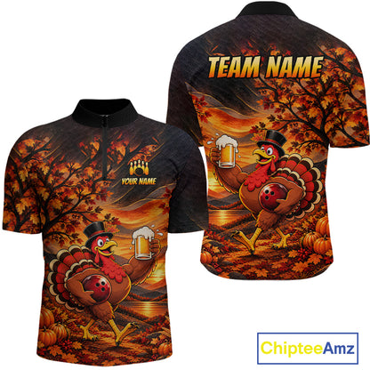 Custom Thanksgiving Bowling Shirt for Men Funny Turkey & Beer Bowling Jersey Polo & 1/4 Zip QZT1383