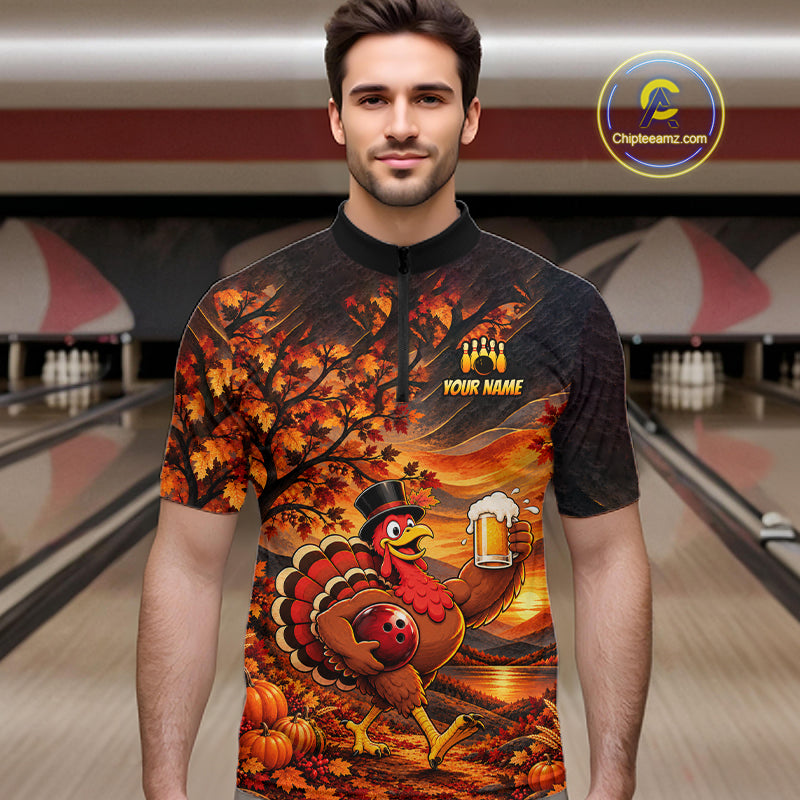 Custom Thanksgiving Bowling Shirt for Men Funny Turkey & Beer Bowling Jersey Polo & 1/4 Zip QZT1383