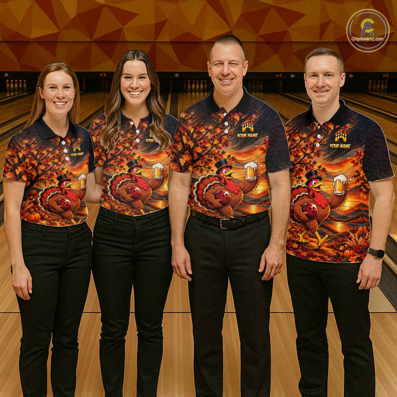 Custom Thanksgiving Bowling Shirt for Men Funny Turkey & Beer Bowling Jersey Polo & 1/4 Zip QZT1383