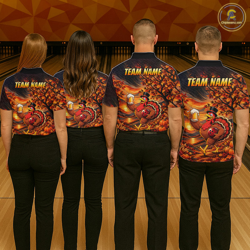 Custom Thanksgiving Bowling Shirt for Men Funny Turkey & Beer Bowling Jersey Polo & 1/4 Zip QZT1383