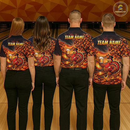 Custom Thanksgiving Bowling Shirt for Men Funny Turkey & Beer Bowling Jersey Polo & 1/4 Zip QZT1383