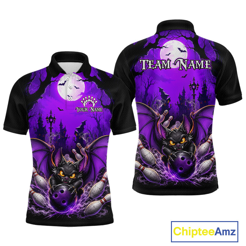 Front and back views of a short-sleeve polo shirt featuring a purple and black Halloween theme with a bat, moon, and the text 'TEAM NAME' and 'Your Name'.