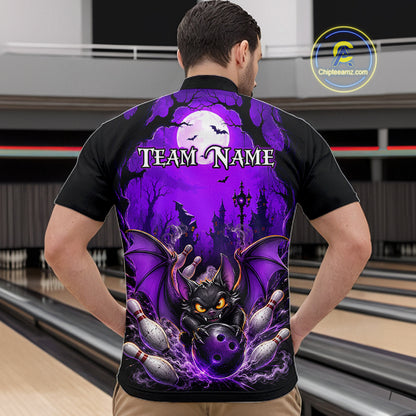 A man viewed from behind wearing a black short-sleeve polo shirt with a large Halloween-themed bowling graphic on the back. The design features a purple full moon, bats, a haunted castle, bowling pins, and a bat-shaped bowling ball, with the text 'TEAM NAME' across the upper back.