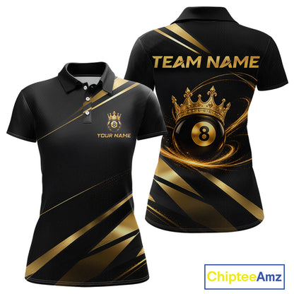 Custom Black & Gold King Crown Billiard Shirt 8 Ball Billiard Jersey for Women BHT139