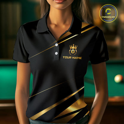 Custom Black & Gold King Crown Billiard Shirt 8 Ball Billiard Jersey for Women BHT139