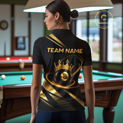 Custom Black & Gold King Crown Billiard Shirt 8 Ball Billiard Jersey for Women BHT139