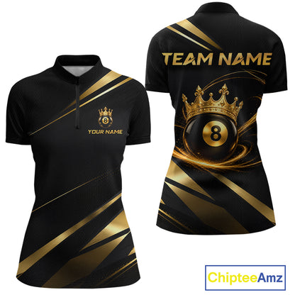 Custom Black & Gold King Crown Billiard Shirt 8 Ball Billiard Jersey for Women BHT139