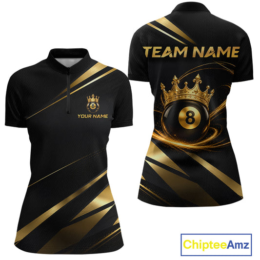 Custom Black & Gold King Crown Billiard Shirt 8 Ball Billiard Jersey for Women BHT139
