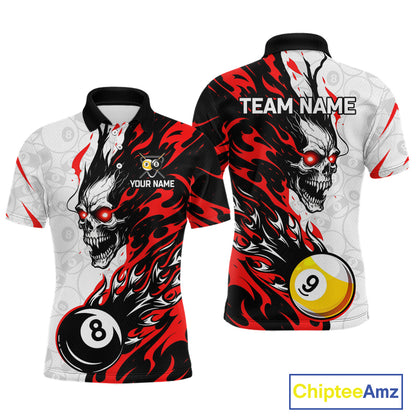 Custom Red & White Flame Skull Billiard Shirt for Men 8 Ball & 9 Ball Pool Jersey BHT141