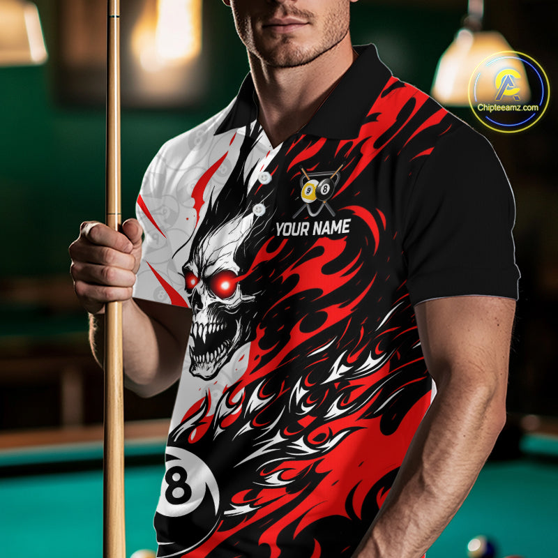 Custom Red & White Flame Skull Billiard Shirt for Men 8 Ball & 9 Ball Pool Jersey BHT141