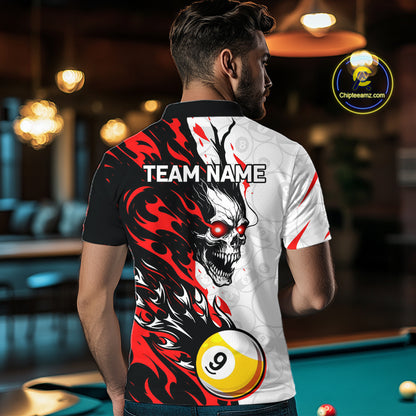 Custom Red & White Flame Skull Billiard Shirt for Men 8 Ball & 9 Ball Pool Jersey BHT141
