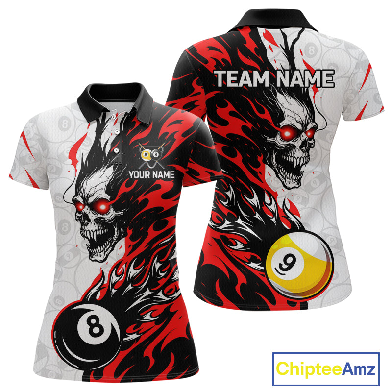 Custom Red & White Flame Skull Billiard Shirt for Women 8 Ball & 9 Ball Pool Jersey BHT141
