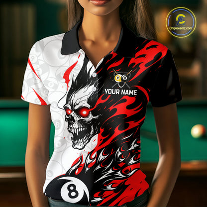 Custom Red & White Flame Skull Billiard Shirt for Women 8 Ball & 9 Ball Pool Jersey BHT141