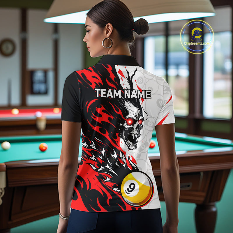 Custom Red & White Flame Skull Billiard Shirt for Women 8 Ball & 9 Ball Pool Jersey BHT141