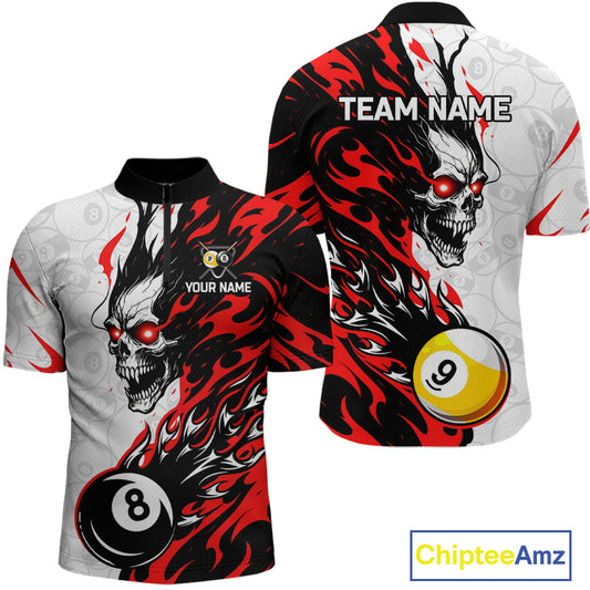 Custom Red & White Flame Skull Billiard Shirt for Men 8 Ball & 9 Ball Pool Jersey BHT141
