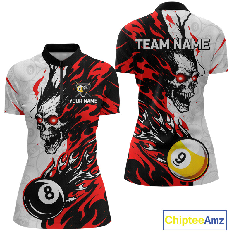 Custom Red & White Flame Skull Billiard Shirt for Women 8 Ball & 9 Ball Pool Jersey BHT141