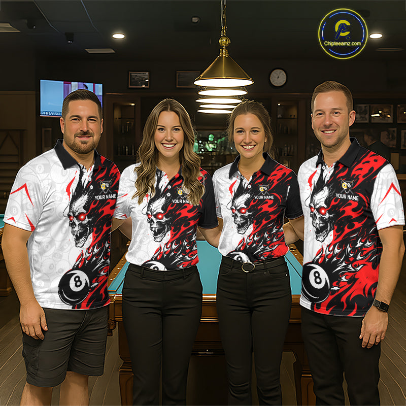 Custom Red & White Flame Skull Billiard Shirt for Men 8 Ball & 9 Ball Pool Jersey BHT141