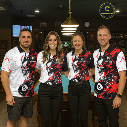 Custom Red & White Flame Skull Billiard Shirt for Men 8 Ball & 9 Ball Pool Jersey BHT141