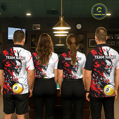 Custom Red & White Flame Skull Billiard Shirt for Men 8 Ball & 9 Ball Pool Jersey BHT141