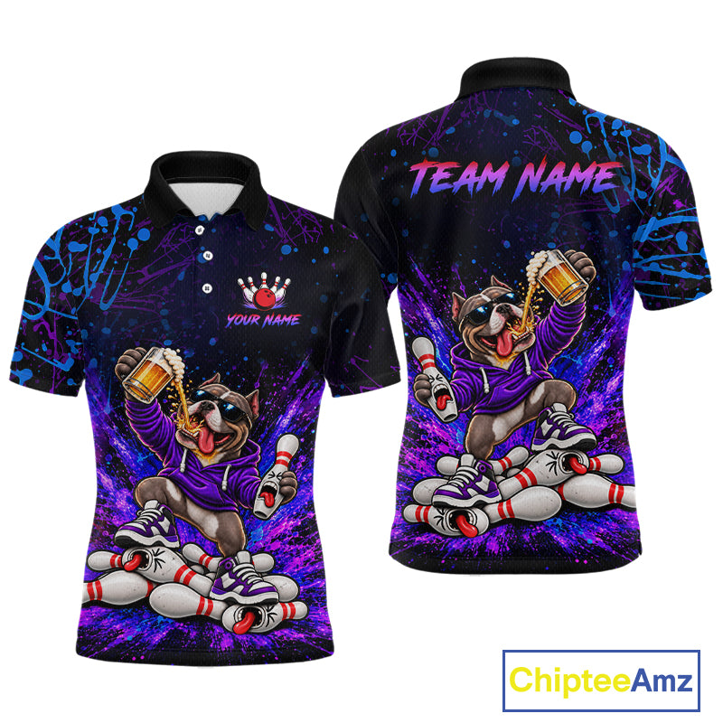 Custom Purple Turquoise Funny Bully Dog Bowling Shirt for Men Bowling Jersey Polo & 1/4 Zip QZT1387