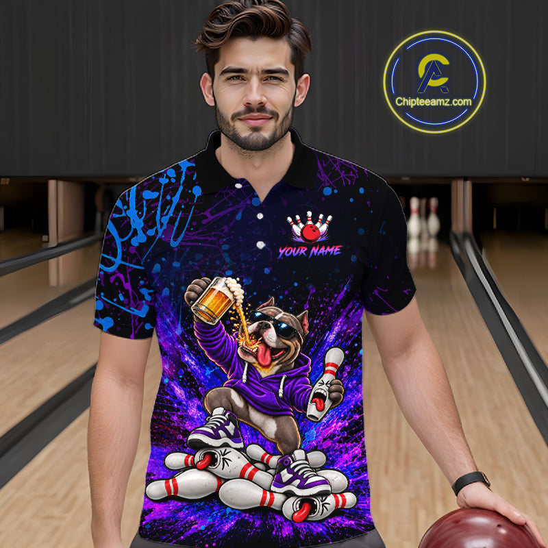 Custom Purple Turquoise Funny Bully Dog Bowling Shirt for Men Bowling Jersey Polo & 1/4 Zip QZT1387