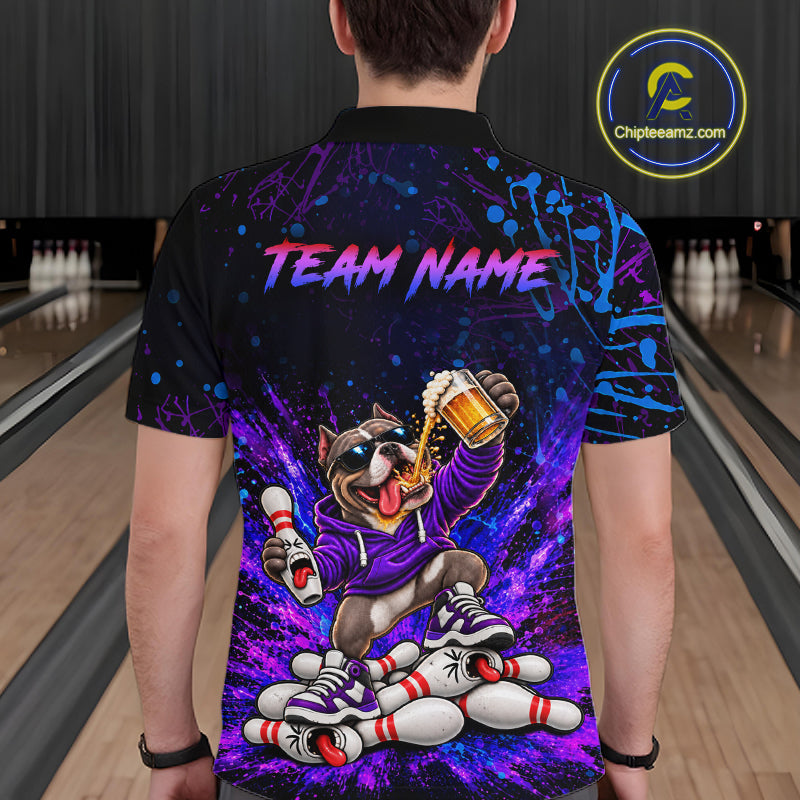 Custom Purple Turquoise Funny Bully Dog Bowling Shirt for Men Bowling Jersey Polo & 1/4 Zip QZT1387