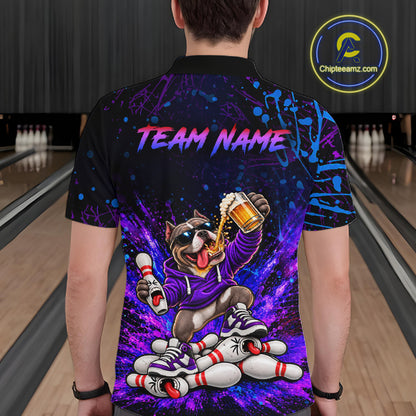 Custom Purple Turquoise Funny Bully Dog Bowling Shirt for Men Bowling Jersey Polo & 1/4 Zip QZT1387