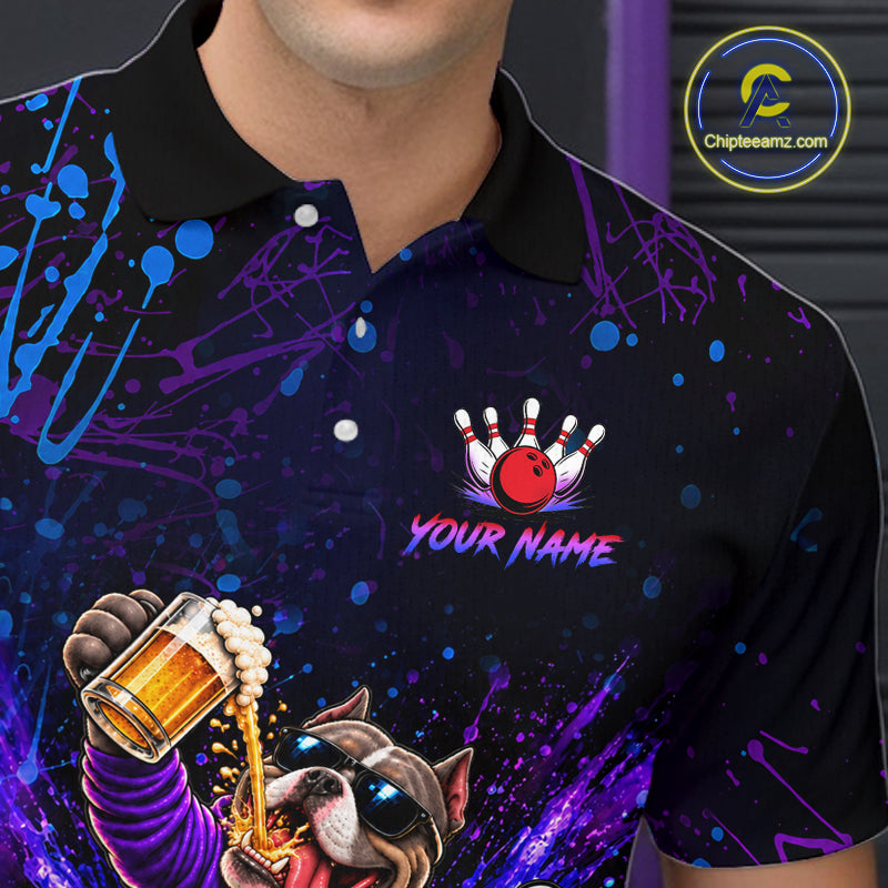 Custom Purple Turquoise Funny Bully Dog Bowling Shirt for Men Bowling Jersey Polo & 1/4 Zip QZT1387