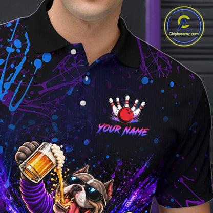 Custom Purple Turquoise Funny Bully Dog Bowling Shirt for Men Bowling Jersey Polo & 1/4 Zip QZT1387