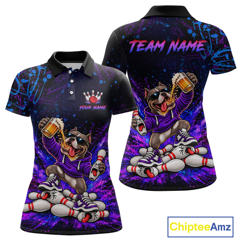 Custom Purple Turquoise Funny Bully Dog Bowling Shirt for Women Bowling Jersey Polo & 1/4 Zip QZT1387