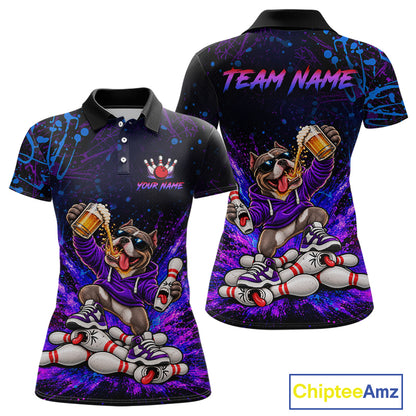 Custom Purple Turquoise Funny Bully Dog Bowling Shirt for Women Bowling Jersey Polo & 1/4 Zip QZT1387