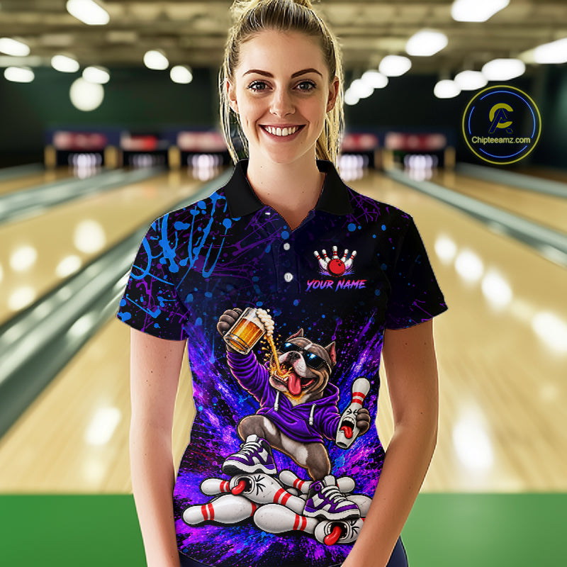 Custom Purple Turquoise Funny Bully Dog Bowling Shirt for Women Bowling Jersey Polo & 1/4 Zip QZT1387