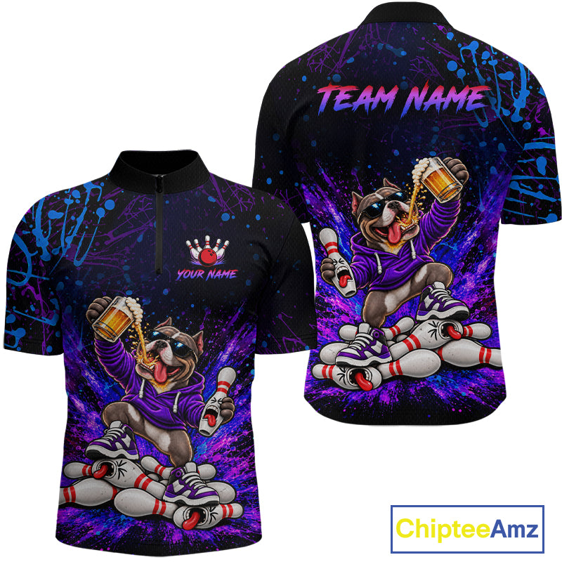 Custom Purple Turquoise Funny Bully Dog Bowling Shirt for Men Bowling Jersey Polo & 1/4 Zip QZT1387