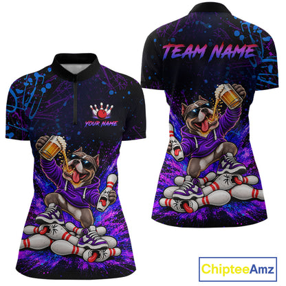 Custom Purple Turquoise Funny Bully Dog Bowling Shirt for Women Bowling Jersey Polo & 1/4 Zip QZT1387