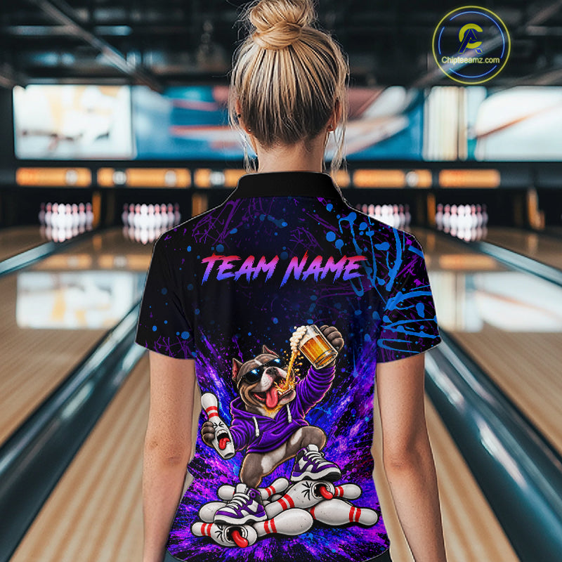 Custom Purple Turquoise Funny Bully Dog Bowling Shirt for Women Bowling Jersey Polo & 1/4 Zip QZT1387
