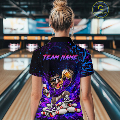 Custom Purple Turquoise Funny Bully Dog Bowling Shirt for Women Bowling Jersey Polo & 1/4 Zip QZT1387
