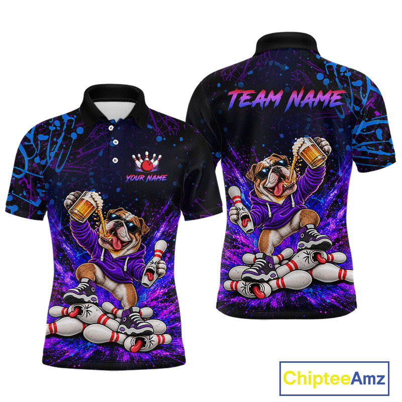 Custom Purple Turquoise Funny Bulldog Bowling Shirt for Men Bowling Jersey Polo & 1/4 Zip QZT1388