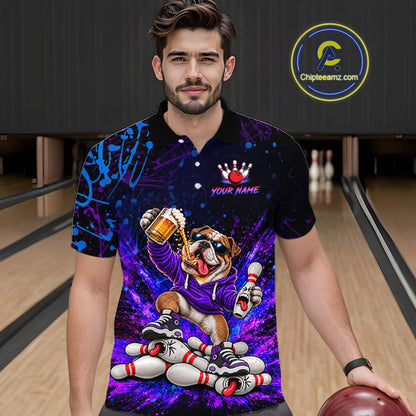 Custom Purple Turquoise Funny Bulldog Bowling Shirt for Men Bowling Jersey Polo & 1/4 Zip QZT1388