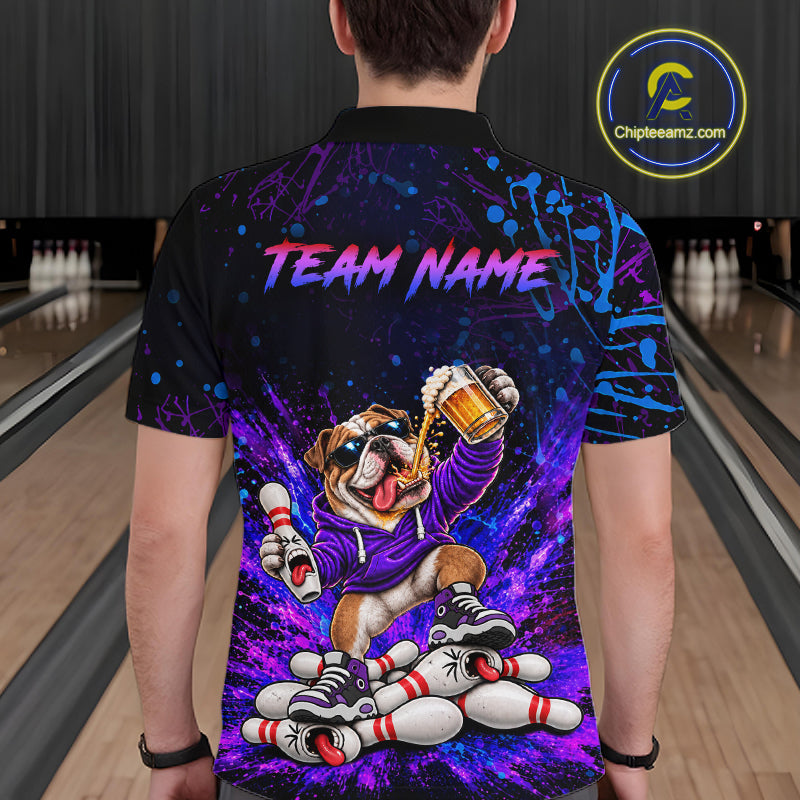 Custom Purple Turquoise Funny Bulldog Bowling Shirt for Men Bowling Jersey Polo & 1/4 Zip QZT1388