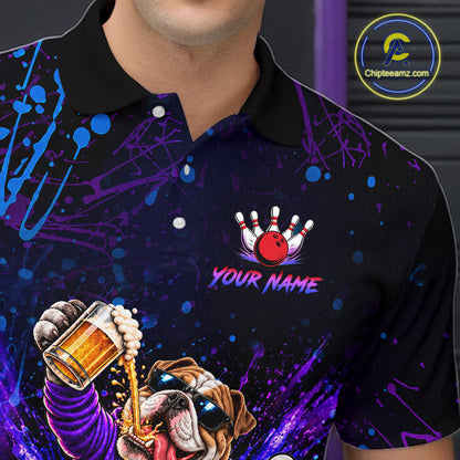 Custom Purple Turquoise Funny Bulldog Bowling Shirt for Men Bowling Jersey Polo & 1/4 Zip QZT1388