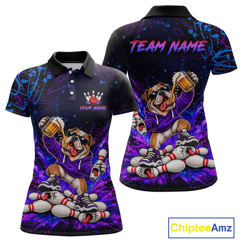 Custom Purple Turquoise Funny Bulldog Bowling Shirt for Women Bowling Jersey Polo & 1/4 Zip QZT1388