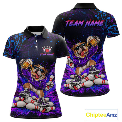 Custom Purple Turquoise Funny Bulldog Bowling Shirt for Women Bowling Jersey Polo & 1/4 Zip QZT1388