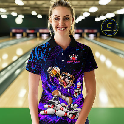 Custom Purple Turquoise Funny Bulldog Bowling Shirt for Women Bowling Jersey Polo & 1/4 Zip QZT1388