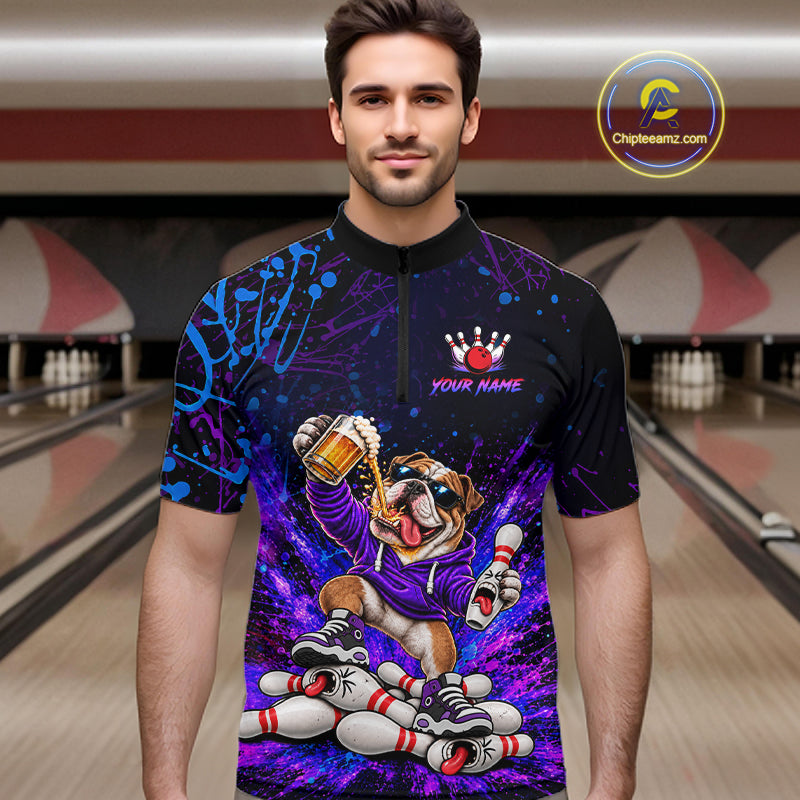 Custom Purple Turquoise Funny Bulldog Bowling Shirt for Men Bowling Jersey Polo & 1/4 Zip QZT1388