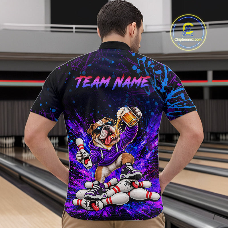 Custom Purple Turquoise Funny Bulldog Bowling Shirt for Men Bowling Jersey Polo & 1/4 Zip QZT1388
