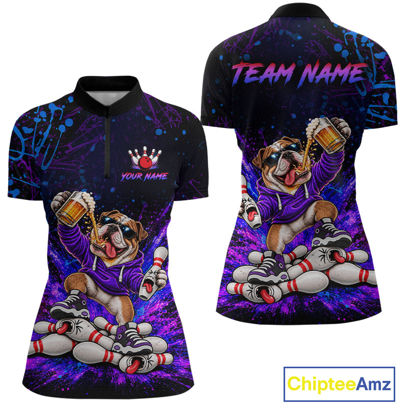Custom Purple Turquoise Funny Bulldog Bowling Shirt for Women Bowling Jersey Polo & 1/4 Zip QZT1388