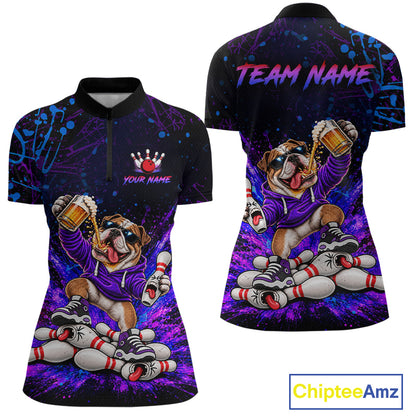 Custom Purple Turquoise Funny Bulldog Bowling Shirt for Women Bowling Jersey Polo & 1/4 Zip QZT1388