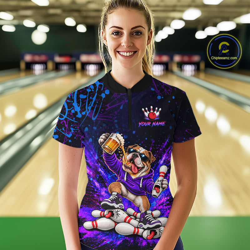 Custom Purple Turquoise Funny Bulldog Bowling Shirt for Women Bowling Jersey Polo & 1/4 Zip QZT1388