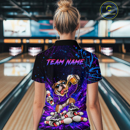 Custom Purple Turquoise Funny Bulldog Bowling Shirt for Women Bowling Jersey Polo & 1/4 Zip QZT1388