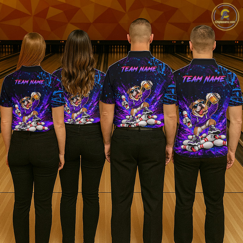 Custom Purple Turquoise Funny Bulldog Bowling Shirt for Men Bowling Jersey Polo & 1/4 Zip QZT1388